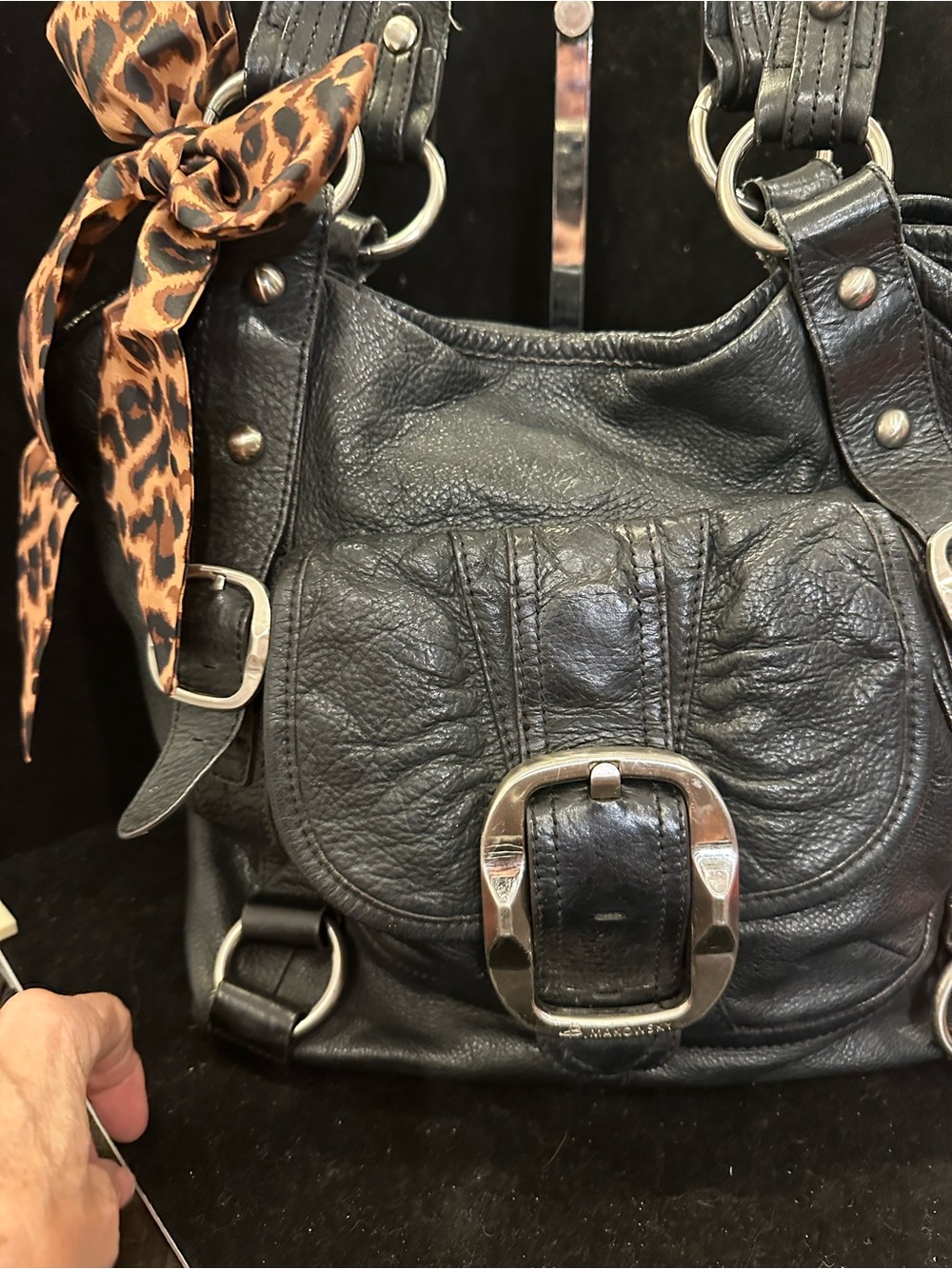 b. makowsky #230 Vintage Leather Black Shoulder Satchel with leopard interior - Picture 13 of 16